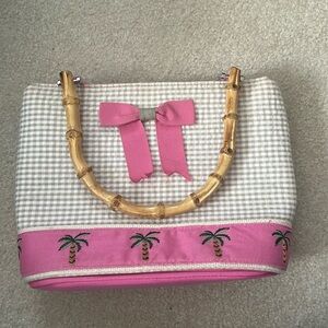 Croft & Barrow Pink Plaid Embroidered Palm Tree Bamboo Handle Purse